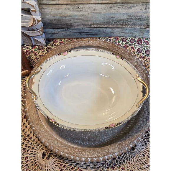 Unknown Other - Antique Made in Japan Porcelain Oval Serving Bowl Pink Rose Gold Handles Floral
